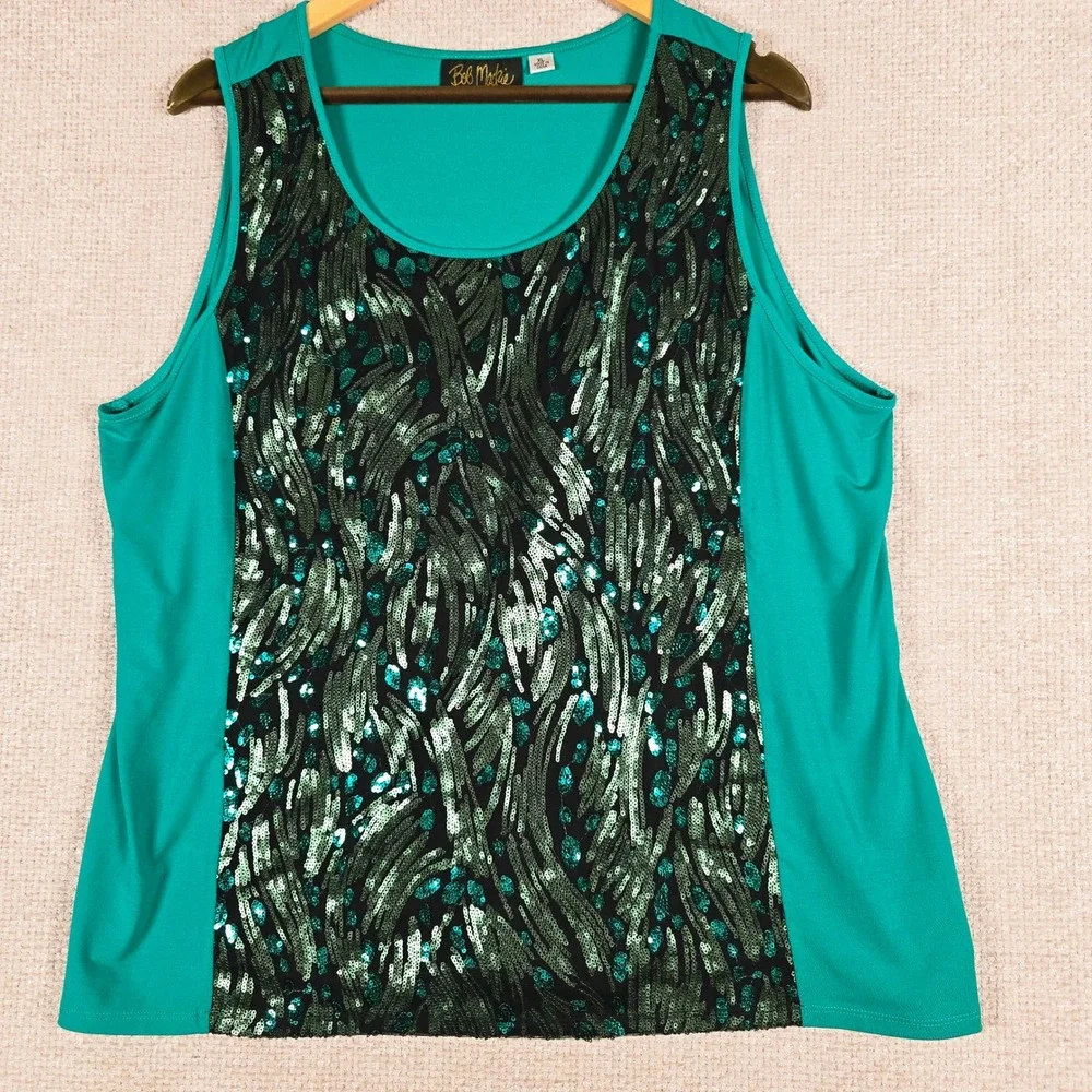 Bob Mackie Wearable Art Womens XL Teal Green Sequin Front Sleeveless Tank Top - Picture 1 of 9